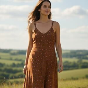 Haley Solar Dress Womens Small Brown Floral Slip Midi Adjustable Straps Boho